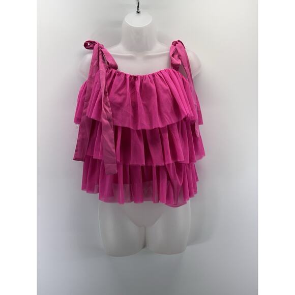 Entro Hot Pink Tiered Ruffle Tank Top Tulle Ribbon Straps Women’s Size Medium - Picture 1 of 10